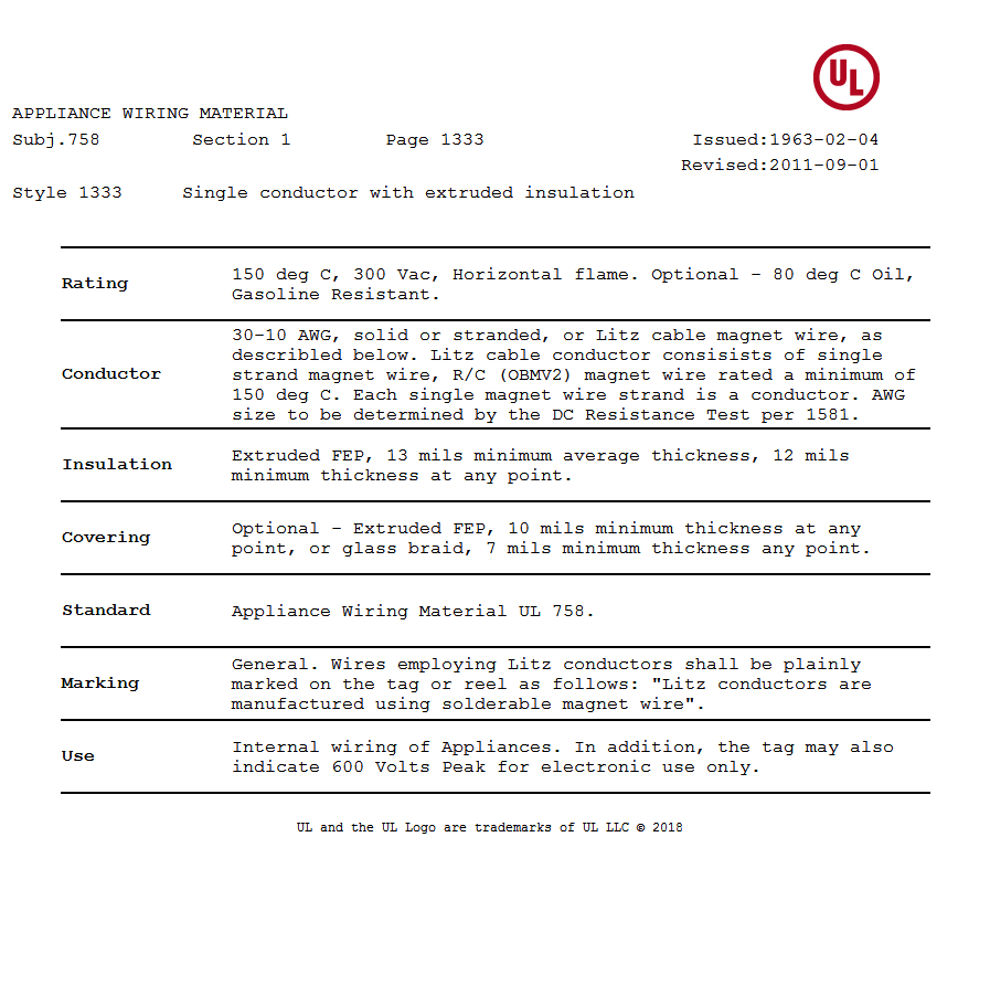 美国UL 1333 铁氟龙电线认证汇报 