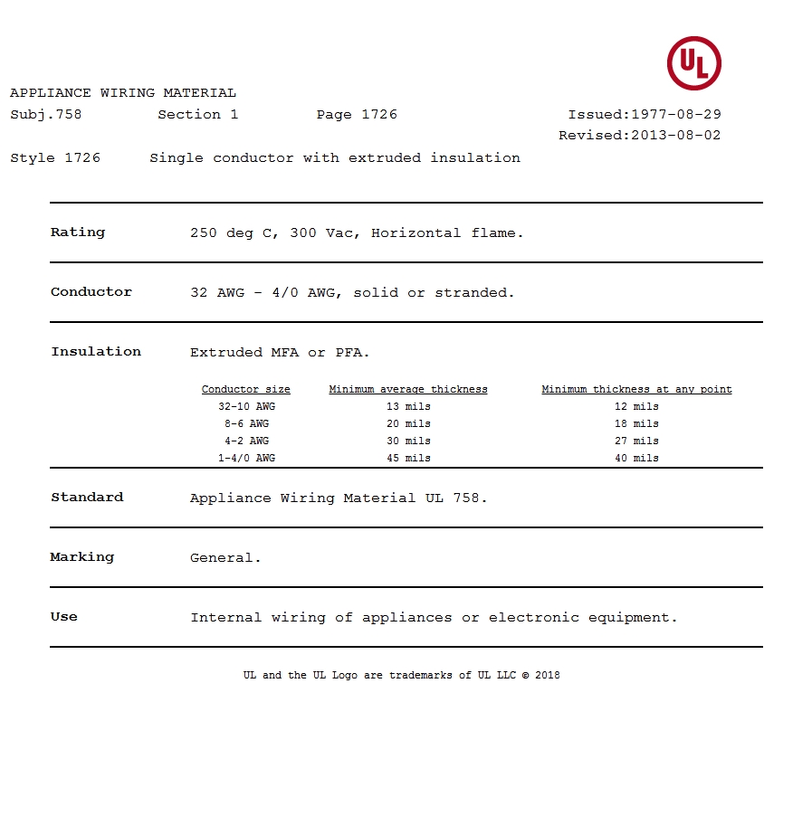 美国UL 1726 铁氟龙电线认证汇报 